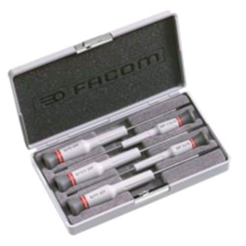 Sada šroubováků Facom Micro-Tech® s drážkou 5 ks Tvar navržený pro silné a přesné utahování ve třech mikrotechnických polohách.<br />Snadná identifikace správného šroubováku pomocí barevného značení.<br />Dodáváno v kufříku.