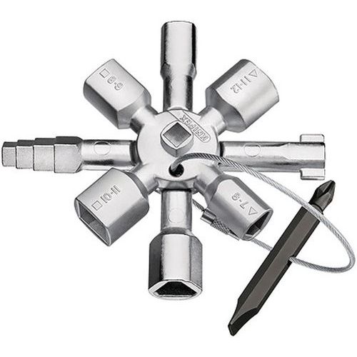 Univerzální klíč na rozvodné skříně 2v1 Knipex Kombinovaný univerzální klíč do skříně a univerzální zásahový klíč.<br />Magnetický střed.<br />Multifunkční klíč z litého zinku.