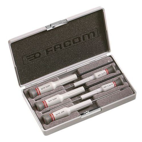 Sada pěti drážkových šroubováků Facom Micro-Tech® Sada obsahuje:<br /> 3 šroubováky s drážkou: AEF.2x75 – AEF.2.5x75 – AEF.3x75.<br /> 2 šroubováky Pozidriv®: AEFD.0x75 – AEFD.1x75.<br />Rozměry kufříku: d. 183 x š. 109 x v. 32 mm.<br />Hmotnost: 230 g.