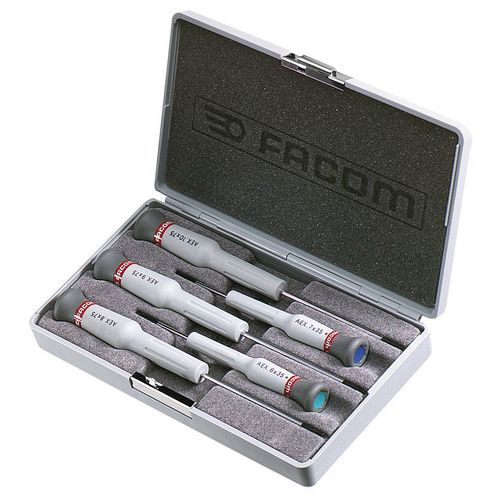 Sada pěti šroubováků Facom Micro-Tech® Torx® Sada obsahuje:<br />5 šroubováků Torx®: AEX.6x35 – AEX.7x35 – AEX.8x75 – AEX.9x75 – AEX.10x75.<br />Rozměry kufříku: d. 183 x š. 109 x v. 32 mm.<br />Hmotnost: 280 g.