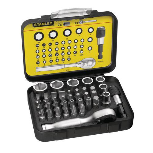 Sada Fatmax Pro 39 bitů + nástrčné hlavice + sada mini ráčny Sada šroubováků 1/4" 25 mm + ráčnový klíč.<br />Profesionální řada.
