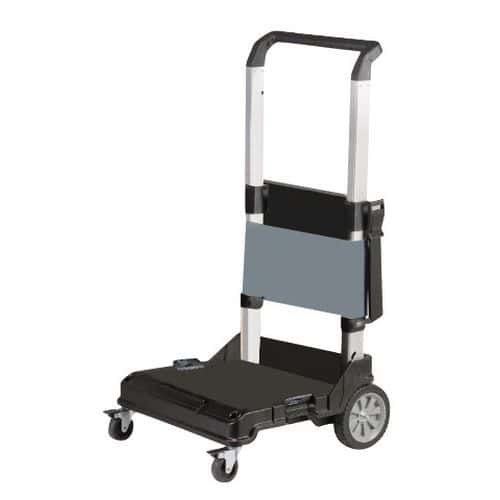 Vozík Pro-Stack Skládací hliníkový vozík s teleskopickou rukojetí.<br />4 x 360° otočná kolečka pro optimální manévrovatelnost.<br />Mechanismus zastavení a brzdy pro větší bezpečnost.<br />S popruhem pro zajištění nákladové plošiny.