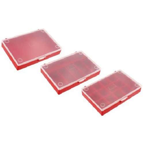 Sada 3 plastových organizérů Facom s průhledným  víkem 3 úložné boxy na drobné díly se 3 typy dělení (d x š x v): 165 x 110 x 28 mm (na box).