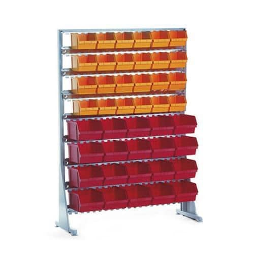 Jednostranný regál s boxy Unibox (44 ks) Plastové boxy Unibox jsou ve stacionárním jednostranném stojanu uchyceny nosnými lištami.<br />Plastový box leží na nosné liště a je současně přidržován další nosnou lištou za horní okraj boxu.<br />Nosné lišty jsou výškově nastavitelné pomocí imbusového klíče (je součástí balení).<br />Snadná a rychlá montáž.