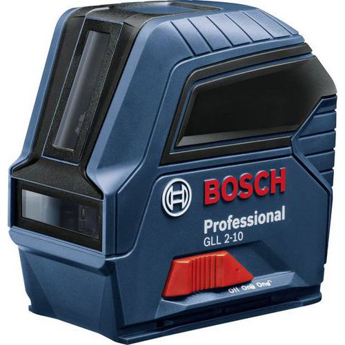 Křížový laser Bosch GLL 2-10 Křížový samonivelační laser Bosch má mnoho využití a snadno se ovládá. <br />Projekce horizontální a vertikální laserové linie zaručí přesnou instalaci nábytku nebo dlaždic. <br />Důmyslný samonivelační systém vás upozorní na vychýlení laseru z úrovně.<br />Bezpečný transport zaručí možnost aretace a ochranné pouzdro.<br />Se stativovým závitem a laserová diodou (630–650 nm).<br />Samonivelační (4 ° za 4 s).<br />Projekce 2 linie.