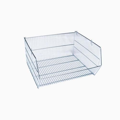 Drátěný box 33 x 63 x 50 cm Stohovatelný drátěný koš vhodný pro skladovací účely. Polootevřená přední strana umožňuje snadný přístup i ke stohovaným košům a rychlé plnění či odebírání obsahu. Stohovatelnost bez potřeby spojovacího materiálu. Možnost dokoupení dělící mřížky a držáku na etiketu.<br />materiál: svařovaný pozinkovaný drát<br />rozměry v x š x h: 33 x 63 x 50 cm<br />nosnost: 35 kg<br />barva: stříbrná<br />možnost dokoupení dělící mřížky a držáku na etiketu