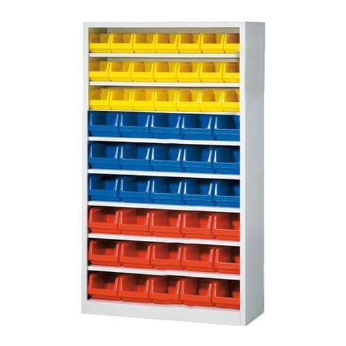 Skříňový regál s boxy (51 ks) Skříňový regál s plastovými boxy má plné zadní i boční stěny (včetně půdy).<br />Skříňový regál vyniká pevnou