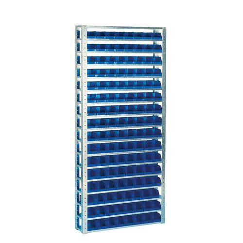 Policový regál s boxy Unibox (128 ks) Stacionární policový regál s plastovými boxy Unibox má přestavitelné police v rastru 4 cm.<br />Konstrukce stojanu a police jsou pozinkované.<br />Dodáváno v rozloženém stavu