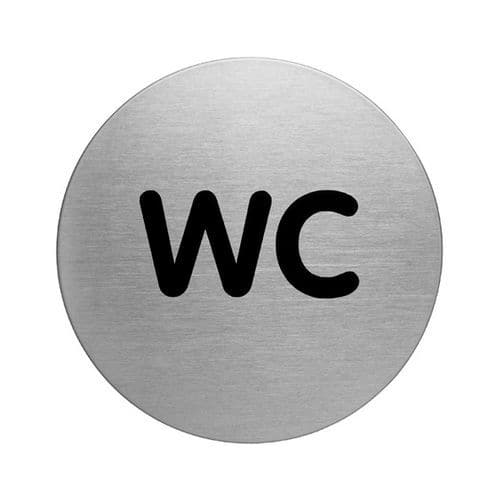 Piktogram WC Označení toalety.<br />Vyrobeno z kartáčované oceli s potiskem odolným proti poškrábání.<br />Uchycení oboustrannými samolepkami.