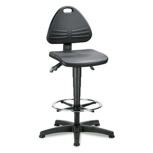 Zvýšená pracovní židle TOP s kluzáky Pracovní židle s ergonomickým sedadlem a oblými hranami je vhodná do dílen i jiného průmyslového prostředí. Výšku sedu lze regulovat plynovým pístem. Výhodou dílenské židle je výškově nastavitelný opěrák