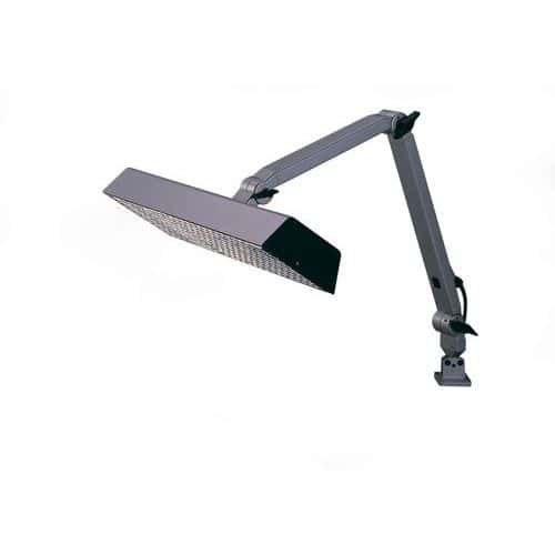Pracovní stolní lampa Komfort Pracovní lampa s rozměrným stínítkem a paticí 2G11 pro zářivku.<br />Možnost stmívání světla tlačítkem umístěným na hlavě lampy.<br />Lampu lze polohovat díky třem otočným kloubům.<br />Připevnění pomocí šroubů k desce stolu nebo svorkou