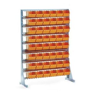Jednostranný regál s boxy Unibox (48 ks) Plastové boxy Unibox jsou ve stacionárním jednostranném stojanu uchyceny nosnými lištami.<br />Plastový box leží na nosné liště a je současně přidržován další nosnou lištou za horní okraj boxu.<br />Nosné lišty jsou výškově nastavitelné pomocí imbusového klíče (je součástí balení).<br />Snadná a rychlá montáž.