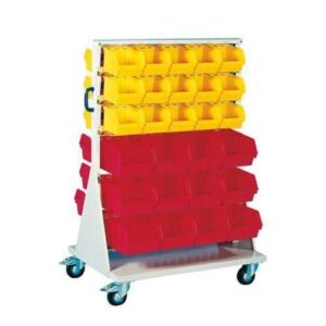 Mobilní oboustranný regál s boxy Unibox (54 ks) Plastové boxy Unibox jsou v mobilním oboustranném stojanu uchyceny nosnými lištami.<br />Plastový box leží na nosné liště a je současně přidržován další nosnou lištou za horní okraj boxu.