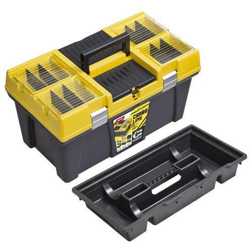 STUFF 26 SEMI PROFI CARBO  žluté víko Kufry na nářadí z odolného plastu s odnímatelným víkem.<br />Ve víku naleznete organizér na drobné součástky.<br />Kufr můžete uzamknout visacím zámkem.