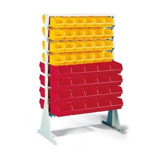 Oboustranný regál s boxy Unibox (88 ks) Plastové boxy Unibox jsou ve stacionárním oboustranném stojanu uchyceny nosnými lištami.<br />Plastový box leží na nosné liště a je současně přidržován další nosnou lištou za horní okraj boxu.<br />Nosné lišty jsou výškově nastavitelné pomocí imbusového klíče (je součástí balení).<br />Snadná a rychlá montáž.