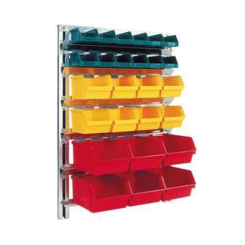 Nástěnný regál s boxy Unibox (26 ks) Plastové boxy Unibox jsou v nástěnném regálu uchyceny nosnými lištami.<br />Plastový box leží na nosné liště a je současně přidržován další nosnou lištou za horní okraj boxu.<br />Stojan je dodáván v rozloženém stavu