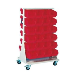 Mobilní oboustranný regál s boxy Unibox (48 ks) Plastové boxy Unibox jsou v mobilním oboustranném stojanu uchyceny nosnými lištami.<br />Plastový box leží na nosné liště a je současně přidržován další nosnou lištou za horní okraj boxu.