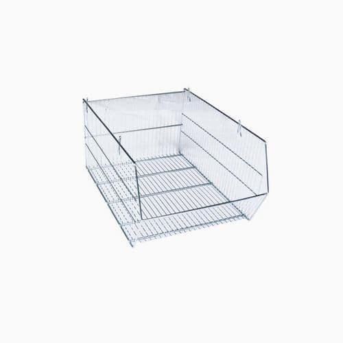 Drátěný box 33 x 48 x 60 cm Stohovatelný drátěný koš vhodný pro skladovací účely. Polootevřená přední strana umožňuje snadný přístup i ke stohovaným košům a rychlé plnění či odebírání obsahu. Stohovatelnost bez potřeby spojovacího materiálu. Možnost dokoupení dělící mřížky a držáku na etiketu.<br />materiál: svařovaný pozinkovaný drát<br />rozměry v x š x h: 33 x 48 x 60 cm<br />nosnost: 20 kg<br />barva: stříbrná<br />možnost dokoupení dělící mřížky a držáku na etiketu