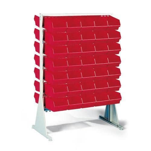 Oboustranný regál s boxy Unibox (70 ks) Plastové boxy Unibox jsou ve stacionárním oboustranném stojanu uchyceny nosnými lištami.<br />Plastový box leží na nosné liště a je současně přidržován další nosnou lištou za horní okraj boxu.<br />Nosné lišty jsou výškově nastavitelné pomocí imbusového klíče (je součástí balení).<br />Snadná a rychlá montáž.