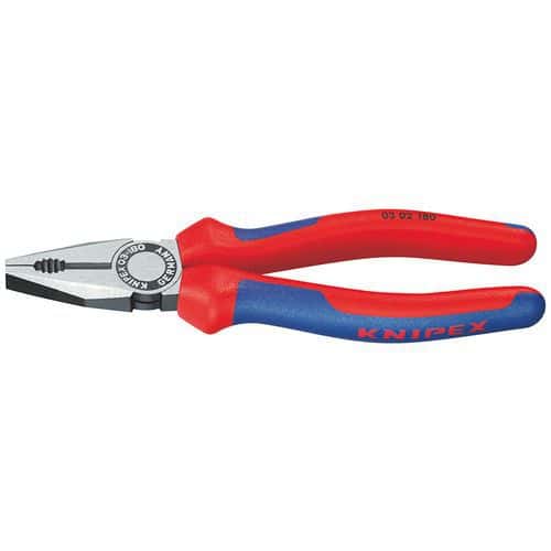 Kombinované kleště Knipex 180 Kombinované kleště jsou vyrobeny ze speciální oceli se zónami pro uchopení plochého materiálu či materiálu kruhového průřezu.<br />Indukčně tvrzené dlouhé břity vhodné pro silnější kabely.