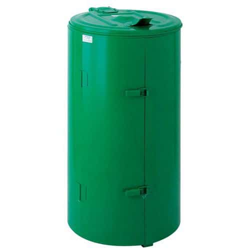 Kovový odpadkový koš 120 litrů V: 100 cm Barva: zelená Robustní kovový zásobník na odpadky s víkem a 2 dvířky. <br />Dvířka se zavírají pomocí klipového systému.<br />Víko zabraňuje rozsypávání odpadu.<br />Snadná výměna sáčků do koše.