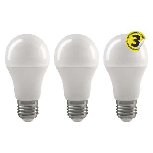 LED žárovka Classic A60 9W E27 teplá bílá 3ks příkon: 9 W<br />světelný tok/svítivost: 806 lm<br />životnost: 30 000 hodin<br />rozměr: 60 × 110 mm<br />energetická třída: A+<br />úhel vyzařování: 300°<br />typ čipů: 2835<br />záruční doba: 3 roky<br />tvar: Classic A60<br />počet čipů: 7<br />počet spínacích cyklů: 25 000<br />náhrada za žárovku: 60 W<br />technologie: LED<br />barva světla: teplá bílá<br />účiník: 0