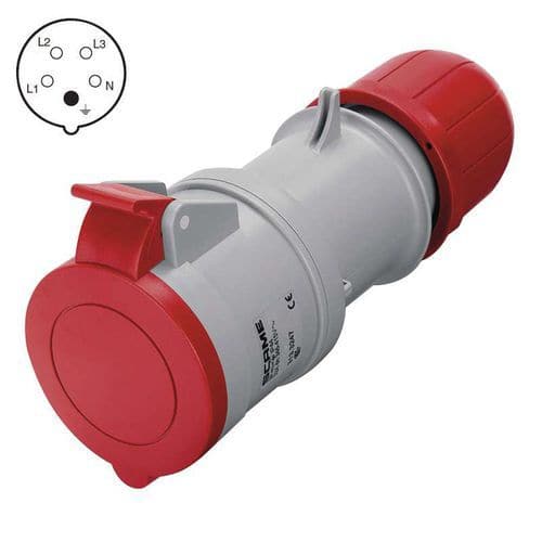 Spojka 5P 16A/400V IP44 Standardní provedení úhel 6 hodin.<br />napětí/proud: 380–415 V~/16 A<br />krytí: IP44<br />materiál: plast<br />prodejní obal: volné<br />počet pólů: 5<br />typ: šroubové nebo bezšroubové svorky<br />produkt: zásuvka spojovací<br />počet zásuvek: 1<br />pozice ochranného kontaktu: 6 hodin<br />barva: červená