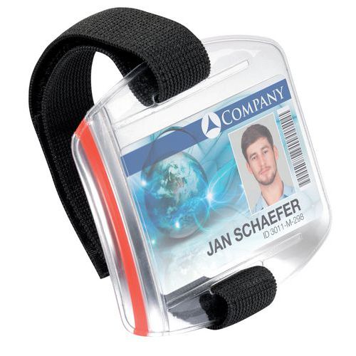 Visačka na jmenovku s páskem Durable Nastavitelná páska na paži s vodotěsným pouzdrem na jmenovky a ID karty s uzavíráním na zip.<br />Snadné umístění na všechny typy oblečení (zimní kabáty