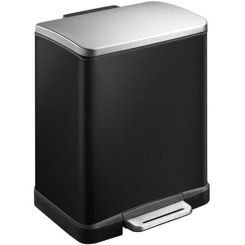 Odpadkový koš s nožním pedálem E-Cube 10 + 9 l černý/matný nerez Atraktivní pedálový koš s extra širokou nohou a dvěma plastovými vložkami (10 a 9 litrů). Tiché zavírání. Víko lze podržet otevřené pro výměnu sáčku a usnadnění čištění.