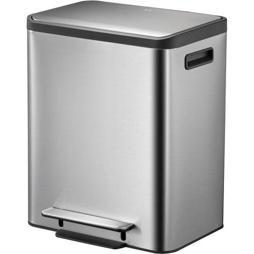 Odpadkový koš EcoCasa Step Bin 15 + 15 l – EKO Obdélníkový pedálový koš na kosmetiku z broušené nerezové oceli s povrchovou úpravou proti otiskům prstů a praktickými plastovými úchyty. <br />Vybaven víkem s měkkým zavíráním a dvěma syntetickými vložkami (15+15 l) pro selektivní třídění. <br />Funkce stay open zafixuje víko v otevřené poloze