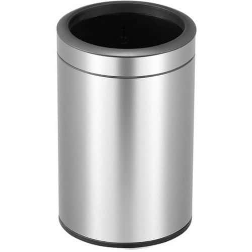 Kulatý otevřený odpadkový koš 12 l EKO matná nerezová ocel Kulatý odpadkový koš z broušené nerezové oceli s horním otevíráním.<br />Vybaven syntetickou vložkou a úpravou proti otiskům prstů.<br />Díky odnímatelnému okraji není sáček vidět a jeho výměna je snadná.<br />Gumové nožičky na dně chrání podlahu a udržují koš na místě.<br />Velmi elegantní pod stolem.
