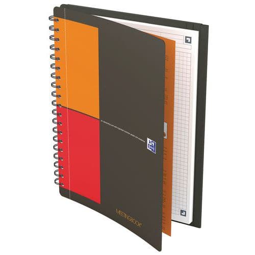 Zápisník Oxford Meetingbook formát B5 - 5X5 mm čtverečkovaný Pružný a odolný polypropylenový obal zápisníku Meetingbook se spirálovou vazbou udrží vaše poznámky a dokumenty v bezpečí a chráněné.<br />Praktické: Je vybaven třemi chlopněmi na zadní straně notebooku a elastickými popruhy pro uložení všech dokumentů.<br />Děrované vyjímatelné listy pro snadné uložení do pořadače.