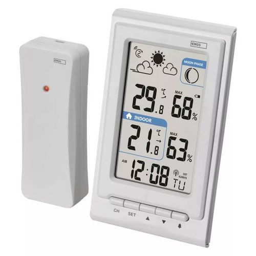 Domácí bezdrátová meteostanice Emos E0352 Meteostanice vám zajistí přehled o aktuální teplotě a vlhkosti venku i u vás doma.<br />Velký LCD displej 50 x 81 mm.<br />Předpověď počasí až na následujících 12 hodin.<br />Aktuální přehled fáze měsíce.<br />Hodiny řízené DCF signálem