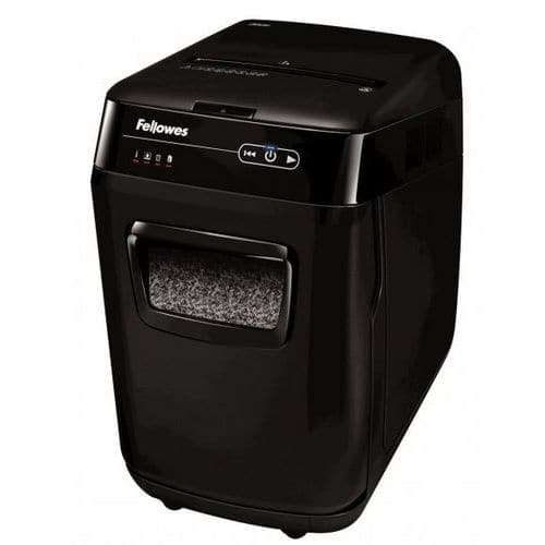 Skartovačka Fellowes AutoMax 200 M Kancelářský skartovací stroj s vysokou kapacitou zásobníku s ovládáním prostřednictvím dotykového panelu s LED podsvětlením.<br />Skartuje v mikrořezu 2 x 14 mm až 200 listů papíru 70 g/m2.<br />Skartovač je vybaven vstupní štěrbinou pro ruční podání až 9-ti listů papíru.<br />Při manuálním podávání skartace CD/DVD nebo plastových karet.<br />Řezací mechanizmus zpracuje i vložené kancelářské a sešívací sponky. <br />Indikace přehřátí