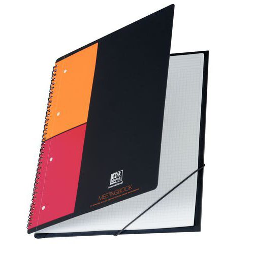 Zápisník Oxford Meetingbook formát A4 - 5X5 mm čtverečkovaný Pružný a odolný polypropylenový obal zápisníku Meetingbook se spirálovou vazbou udrží vaše poznámky a dokumenty v bezpečí a chráněné.<br />Praktické: Je vybaven třemi chlopněmi na zadní straně notebooku a elastickými popruhy pro uložení všech dokumentů.<br />Děrované vyjímatelné listy pro snadné uložení do pořadače.