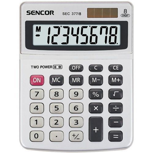 Kalkulačka Sencor SEC 377/8 Dual Klasická bílá kalkulačka s 8místným LCD displejem.<br />Výpočet procent a odmocniny.<br />Tlačítko změny znaménka