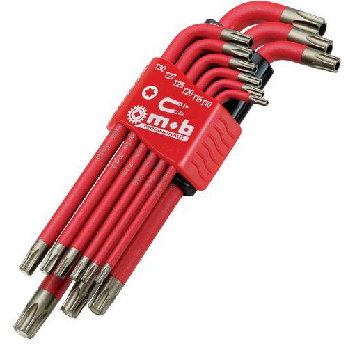 Sada 9 imbusových klíčů Torx s magnetem Mob Sada klíčů Torx: T10/T15/T20/T25/T27/T30/T40/T45/T50.<br />1 magnetická strana pro šrouby Torx (dlouhá strana)<br />1 strana pro šrouby Torx odolné proti manipulaci (krátká strana).<br />Vestavěný magnet: Ideální pro instalaci nebo demontáž šroubů v hlubokých nebo těžko přístupných místech.<br />Permanentní magnet: Neztrácí svou magnetizaci.<br />Pouzdro se dá otevřít.<br />Lze zavěsit na háček na kufříku.<br />Pružný plášť těla klíče z expandovaného PVC