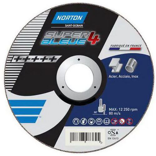 Kovový plochý brusný kotouč Norton Super Bleue 4 Oboustranný disk s chlopní. <br />Kombinace keramických klapek z oxidu hlinitého SG a klapek z oxidu zirkoničitého Norzon.<br />Kotouč Super Bleue 4 umožňuje odstraňovat obzvláště tvrdý materiál i s úhlovou bruskou středního výkonu.