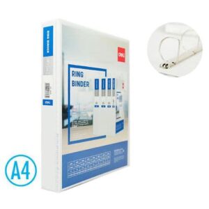 Pořadač DELI A4/35mm 4 kroužkový D 20mm Celoplastový pořadač s kvalitním polypropylenovým povrchem i uvnitř pořadače.<br />Spolehlivá čtyřkroužková D- mechanika s klipem