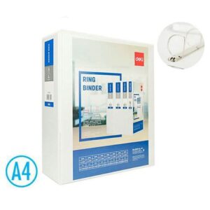 Pořadač DELI A4/90mm 4 kroužkový D 75mm Celoplastový pořadač s kvalitním polypropylenovým povrchem i uvnitř pořadače.<br />Spolehlivá čtyřkroužková D - mechanika s klipem