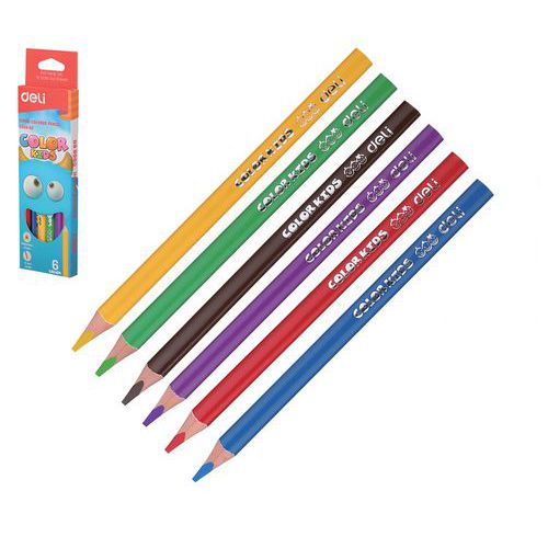 Pastelky DELI trojhranné JUMBO 6 barev Color Kids Školní trojhranné pastelky DELI JUMBO obsahují kvalitní tuhu o průměru 5mm.<br />Pastelky mají jasné barvy a snadno se strouhají.