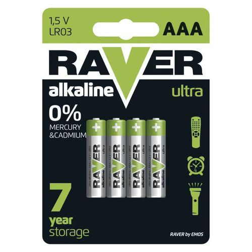 Alkalická baterie RAVER AAA (LR03) - 4 ks Sada alkalických mikrotužkových baterií AAA