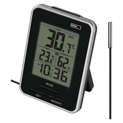 Digitální teploměr Emos E0121 Digitální drátový teploměr se zobrazením vnitřní a venkovní teploty a vlhkosti.<br />Drátová sonda s délkou 2