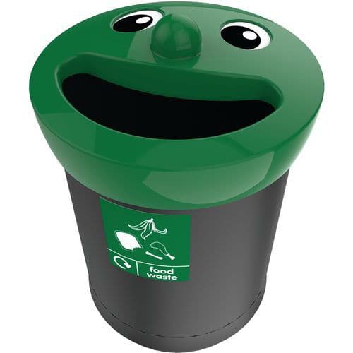 Odpadkový koš Smiley Face 52 l na bioodpad černý/zelený Zábavný koš z polyethylenu střední hustoty (MDPE) - rotační lisování - odolný proti UV záření s obličejem na barevném víku.<br />Několik modelů pro různé druhy odpadu.<br />Velmi robustní