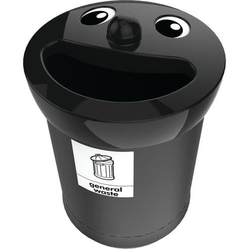 Odpadkový koš Smiley Face 52 l na smíšený odpad černý Zábavný koš z polyethylenu střední hustoty (MDPE) - rotační lisování - odolný proti UV záření s obličejem na barevném víku.<br />Několik modelů pro různé druhy odpadu.<br />Velmi robustní