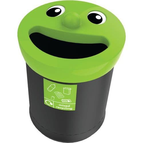 Odpadkový koš Smiley Face Bin 52 l na tříděný odpad černý/zelený Zábavný odpadkový koš z polyethylenu střední hustoty (MDPE) - rotační lisování - odolný proti UV záření s obličejem na barevném víku.<br />Několik modelů pro různé druhy odpadu.<br />Velmi robustní