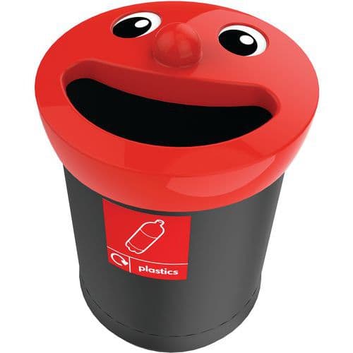Odpadkový koš Smiley Face 52 l na plasty černý/červený Zábavný odpadkový koš z polyethylenu střední hustoty (MDPE) - rotační lisování - odolný proti UV záření s obličejem na barevném víku.<br />Několik modelů pro různé druhy odpadu.<br />Velmi robustní