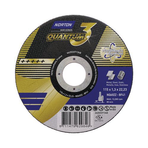 Plochý brusný kotouč Norton Quantum 3 Metal Quantum 3 Kovový plochý brusný kotouč pro úhlovou brusku.<br />Dvouvrstvý keramický brusný kotouč s jemnější zrnitostí v horní vrstvě