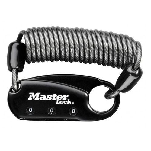 Karabina s navíjecím kabelem Master Lock Karabina široká 60 mm s pevným navíjecím kabelem o délce 90 cm.<br />Její kovové tělo je lehké a snadno se nosí.<br />Kovový třmen o průměru 3 mm je vhodný pro většinu zipů.<br />Obsahuje 3-místnou resetovatelnou kombinaci zámku.<br />Doporučujeme pro ochranu zavazadel