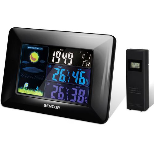 Domácí bezdrátová meteostanice Sencor SWS 4250 Meteorologickou stanici s barevným LCD displejem a bezdrátovým snímačem lze umístit na stůl nebo pověsit na zeď.<br />Ukazuje vnitřní a venkovní teplotu v rozmezí 0 až +50 °C a -20°C až +60°C.<br />Měření vnitřní a venkovní vlhkosti v rozmezí 20 až 90 % RV.<br />Ikona předpovědi počasí (slunečno